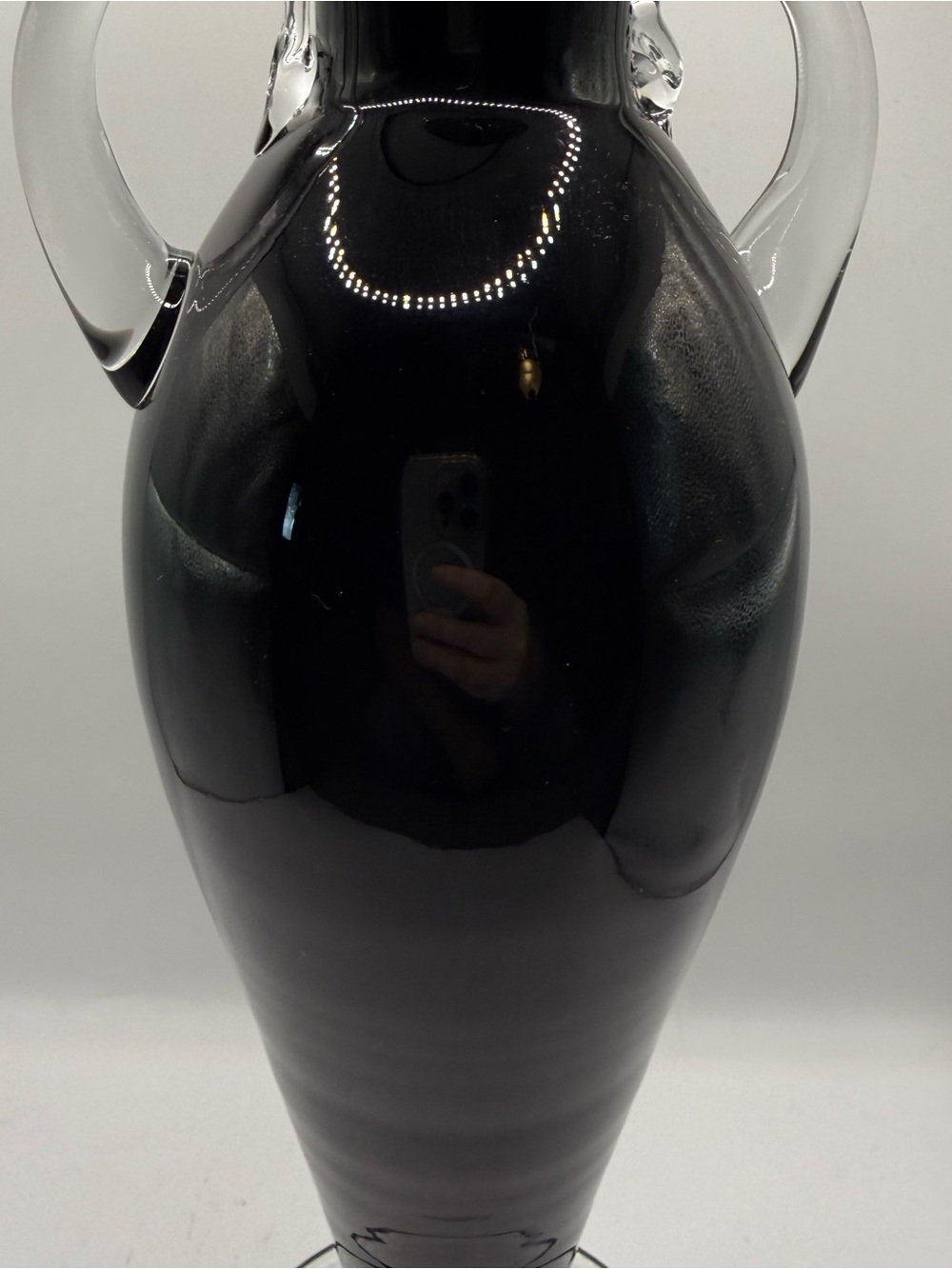 Blenko Urn Black Handblown Glass Vase with Clear Handles - Picture 10 of 16